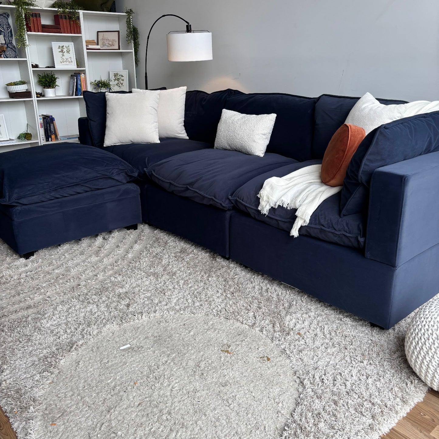 Albany Park Kova Modular 4 Pc in Navy Blue Performance Velvet w/ Storage Ottoman