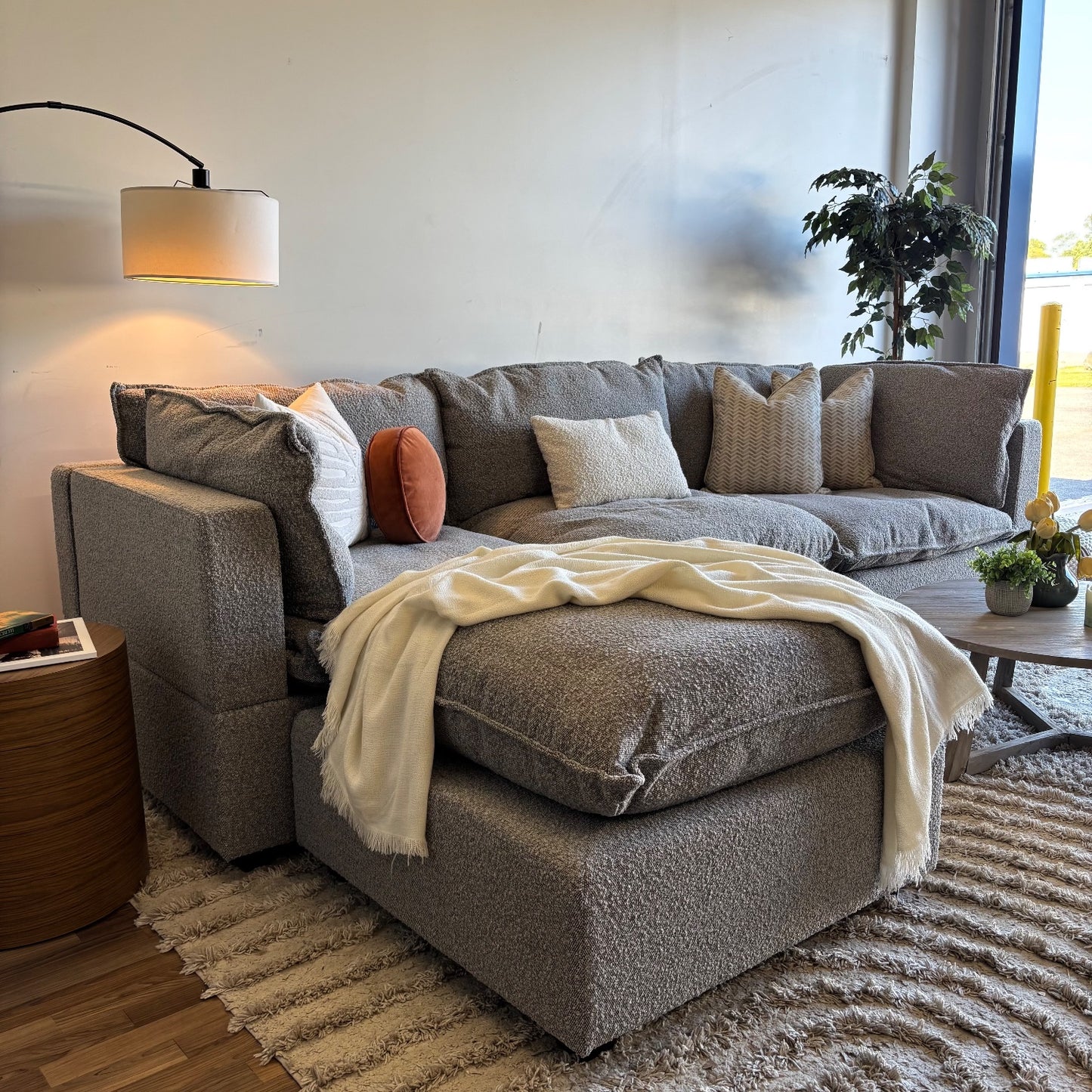 Albany Park Kova 4pc Modular Pillowtop Sectional Couch in Smoke Performance Boucle w/ Ottoman