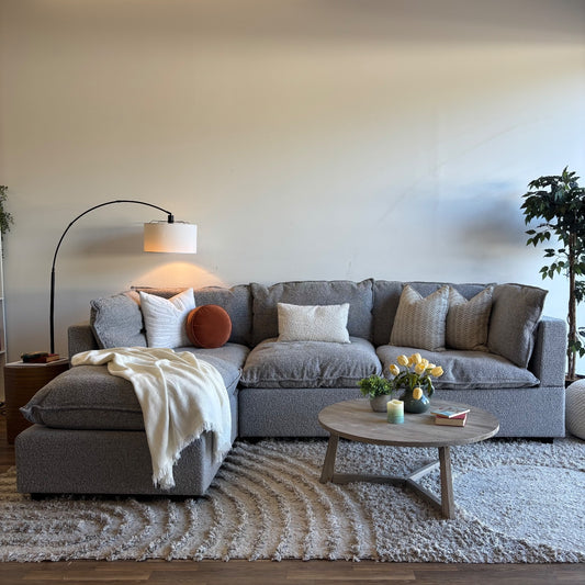 Albany Park Kova 4pc Modular Pillowtop Sectional Couch in Smoke Performance Boucle w/ Ottoman