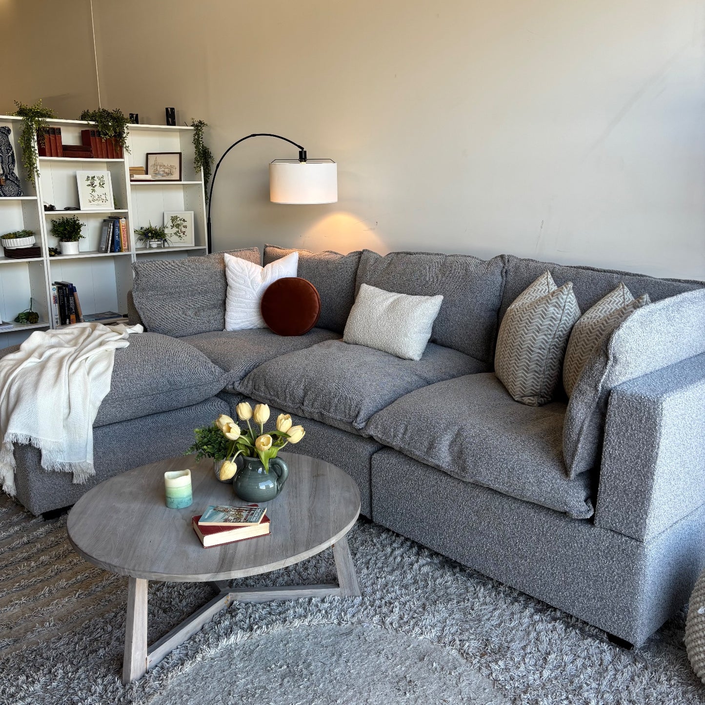 Albany Park Kova 4pc Modular Pillowtop Sectional Couch in Smoke Performance Boucle w/ Ottoman