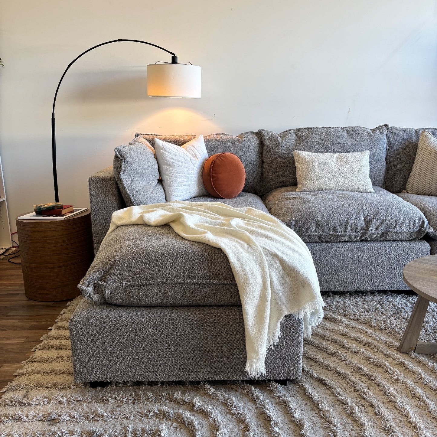Albany Park Kova 4pc Modular Pillowtop Sectional Couch in Smoke Performance Boucle w/ Ottoman