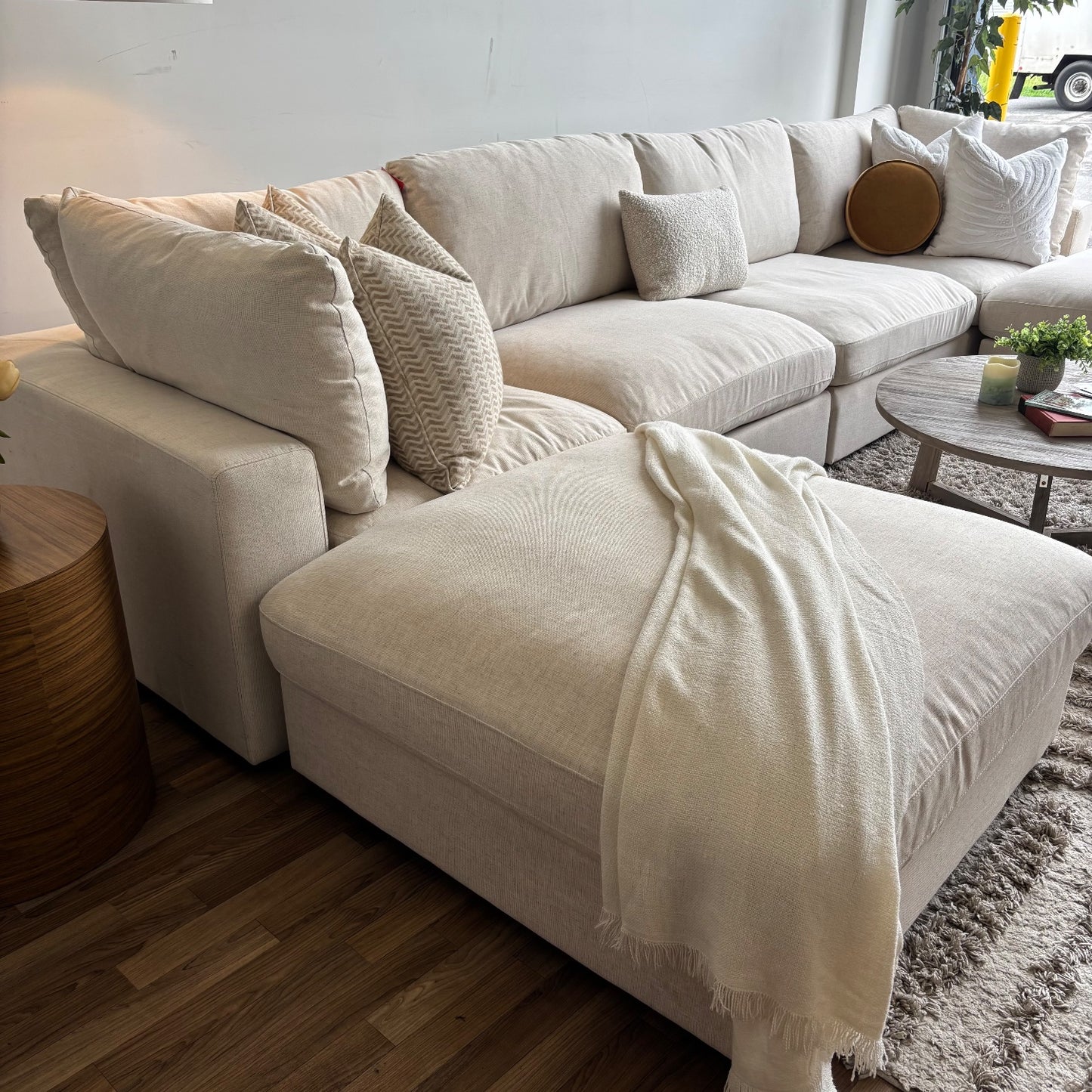 Serene Double Chaise/Ottoman Sectional in Beige Linen