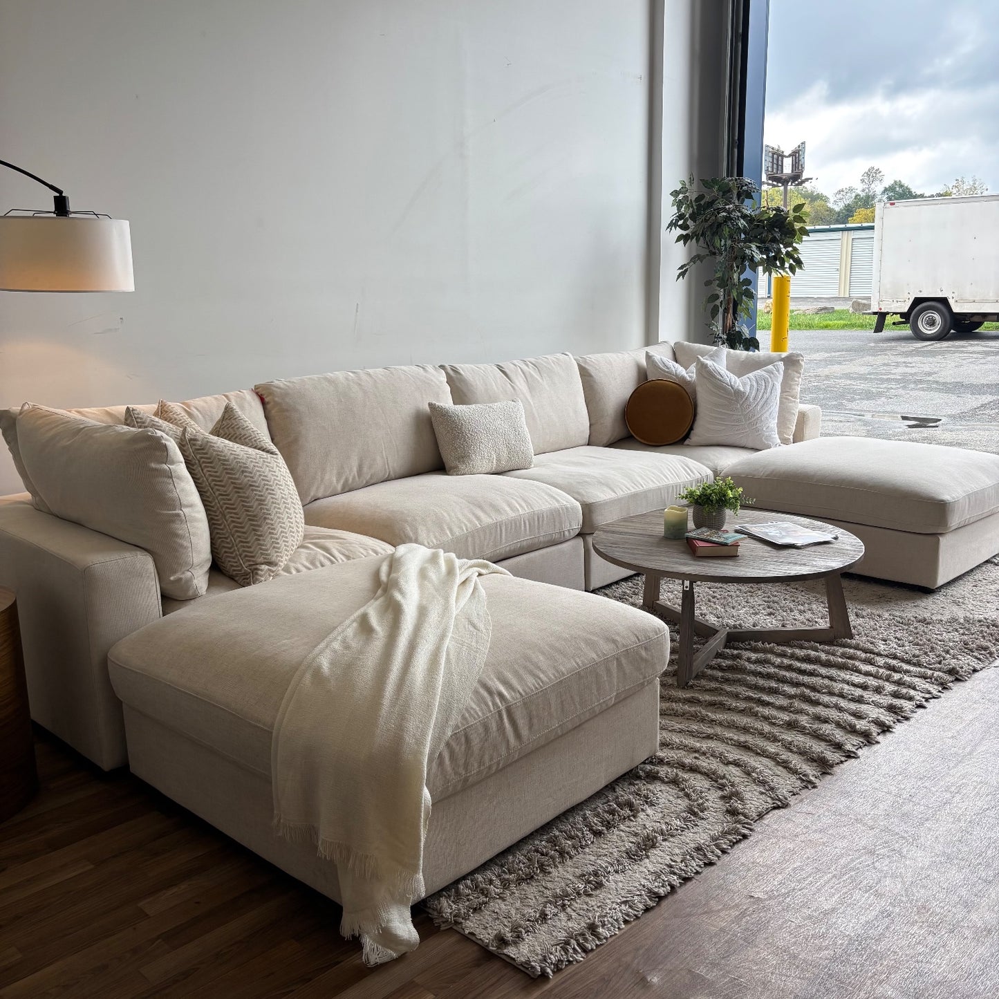 Serene Double Chaise/Ottoman Sectional in Beige Linen