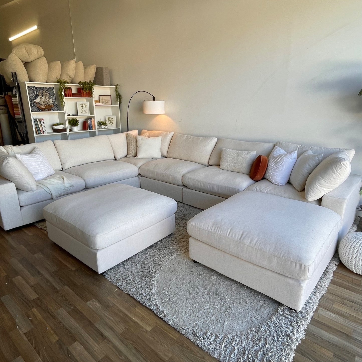 Serene Grand Corner Sectional + Ottoman in Linen Beige