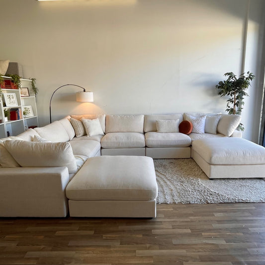 Serene Grand Corner Sectional + Ottoman in Linen Beige