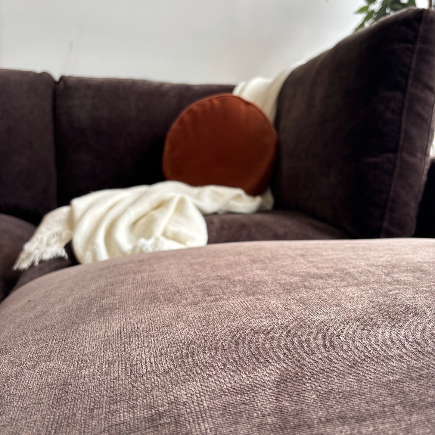 Lakeview Loveseat + Ottoman in Chocolate Brown Low Pile Velvet