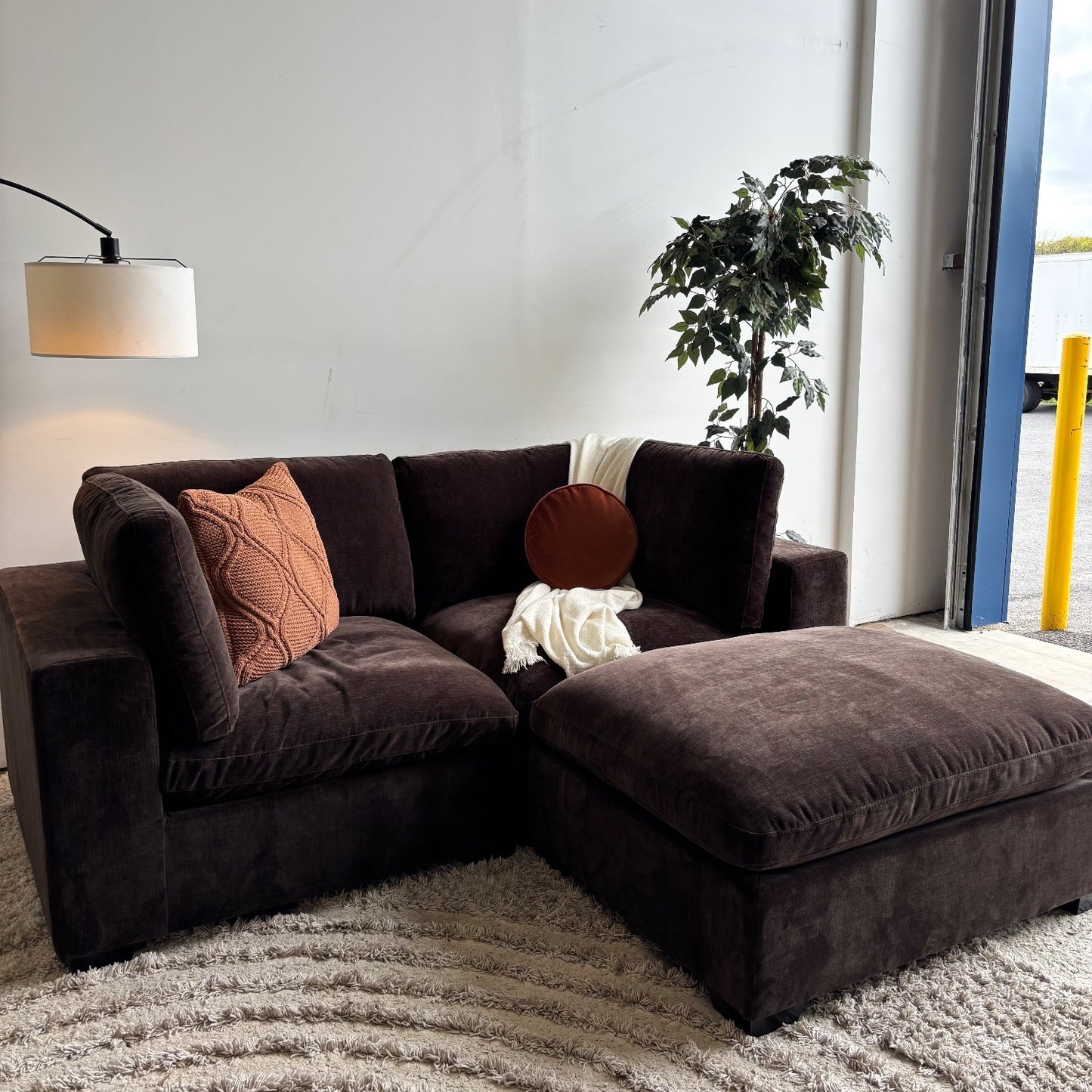 Lakeview Loveseat + Ottoman in Chocolate Brown Low Pile Velvet