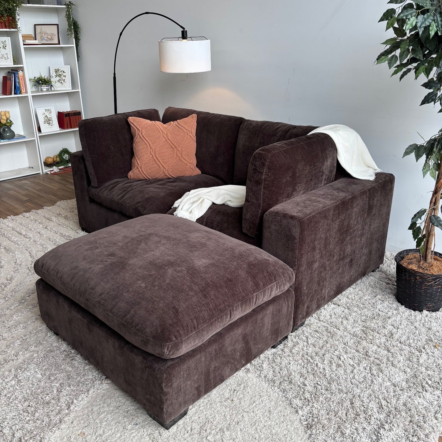 Lakeview Loveseat + Ottoman in Chocolate Brown Low Pile Velvet