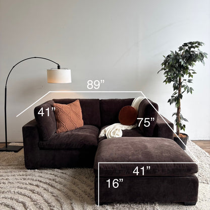 Lakeview Loveseat + Ottoman in Chocolate Brown Low Pile Velvet