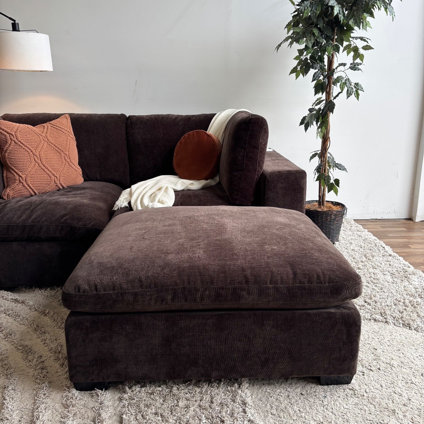 Lakeview Loveseat + Ottoman in Chocolate Brown Low Pile Velvet