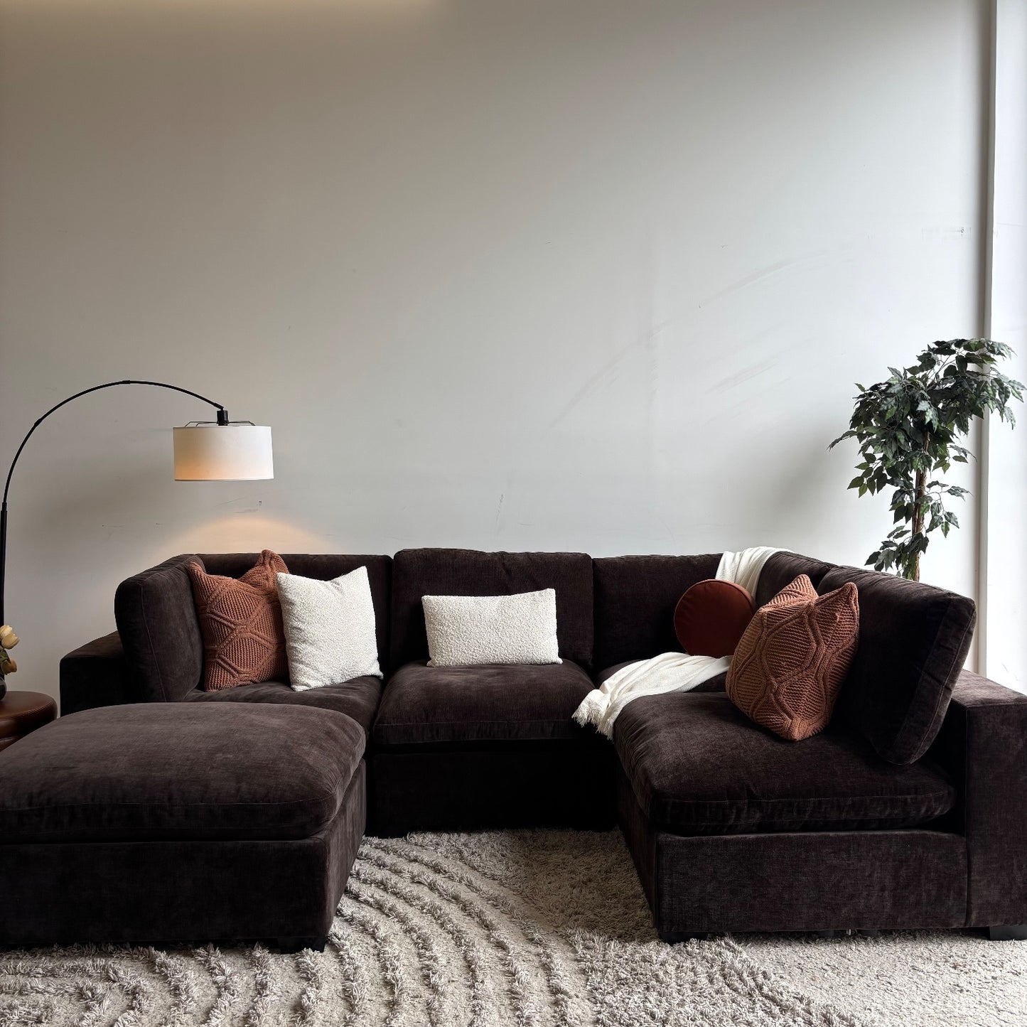 Lakeview L-Shape + Ottoman in Chocolate Brown Low Pile Velvet