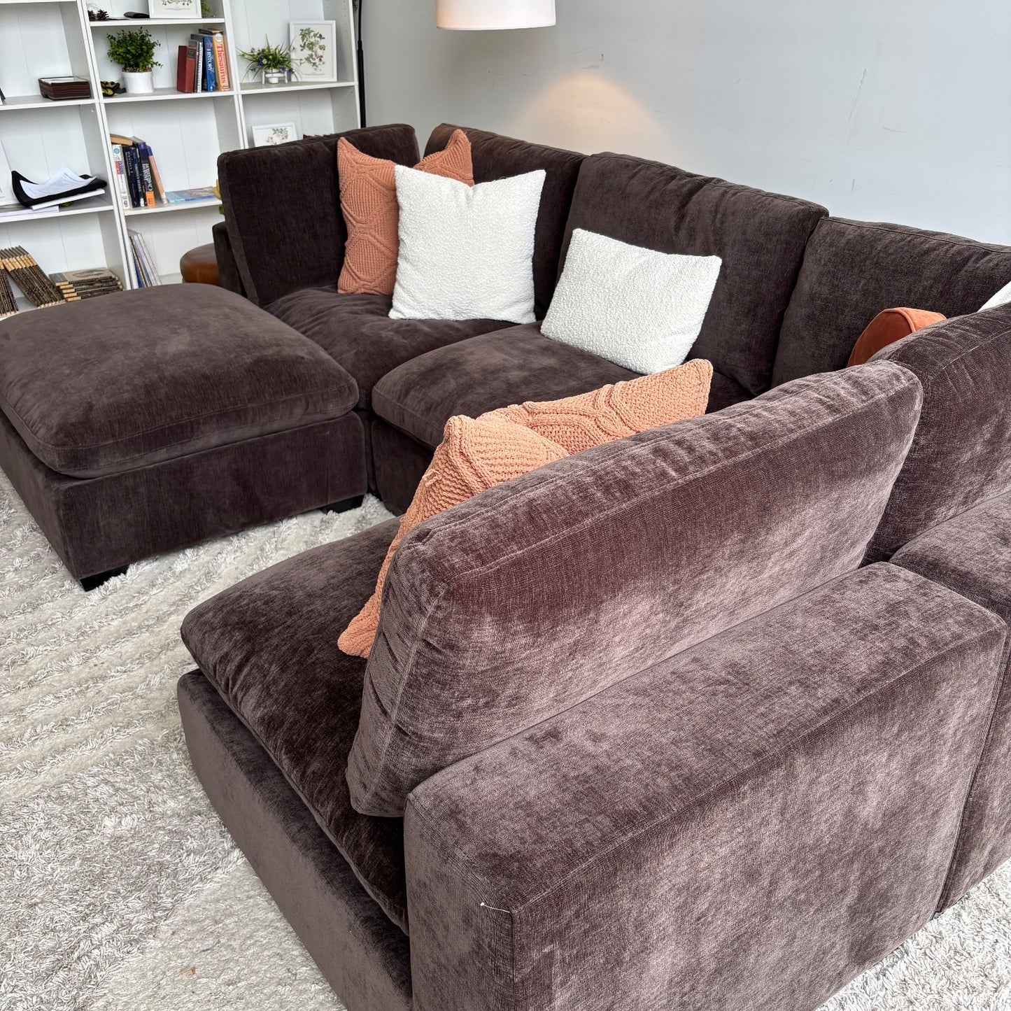 Lakeview L-Shape + Ottoman in Chocolate Brown Low Pile Velvet
