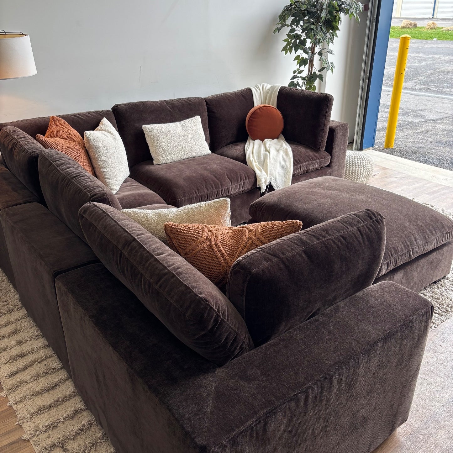 Lakeview Corner Sectional and Ottoman in Chocolate Brown Low Pile Velvet