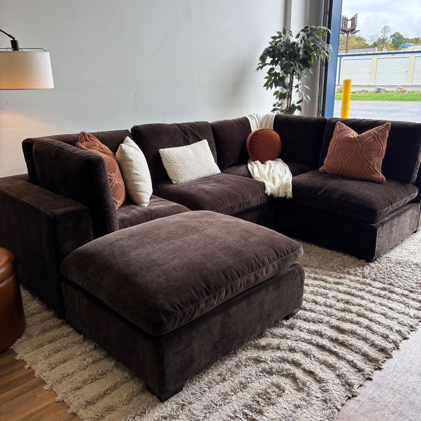 Lakeview L-Shape + Ottoman in Chocolate Brown Low Pile Velvet