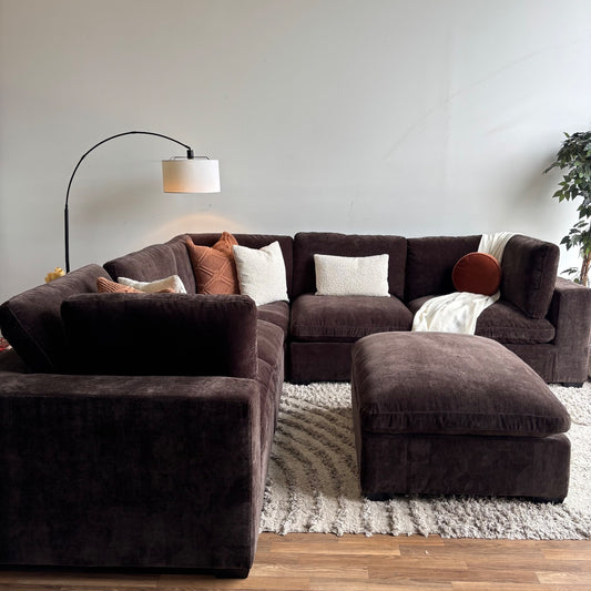 Lakeview Corner Sectional and Ottoman in Chocolate Brown Low Pile Velvet
