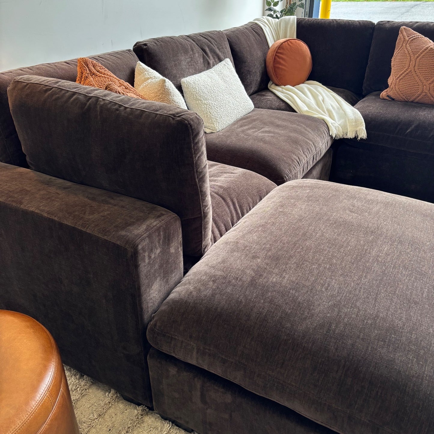 Lakeview L-Shape + Ottoman in Chocolate Brown Low Pile Velvet