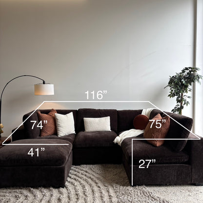 Lakeview L-Shape + Ottoman in Chocolate Brown Low Pile Velvet