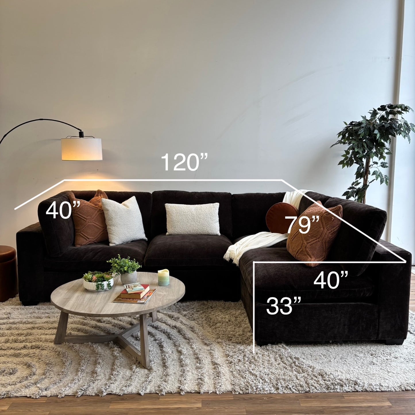 Lakeview L-Shape Sectional Couch in Chocolate Brown Low Pile Velvet