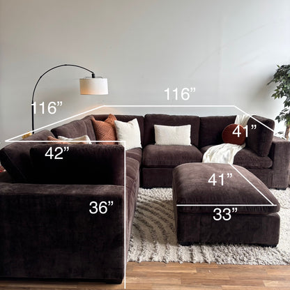Lakeview Corner Sectional and Ottoman in Chocolate Brown Low Pile Velvet