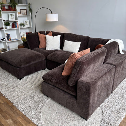 Lakeview L-Shape + Ottoman in Chocolate Brown Low Pile Velvet