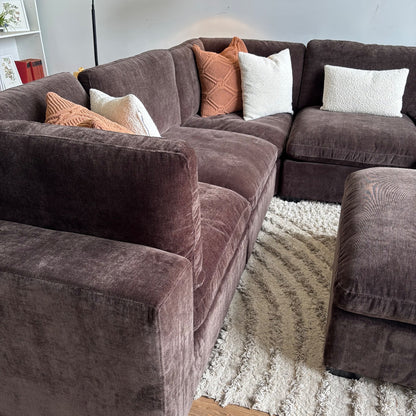 Lakeview Corner Sectional and Ottoman in Chocolate Brown Low Pile Velvet