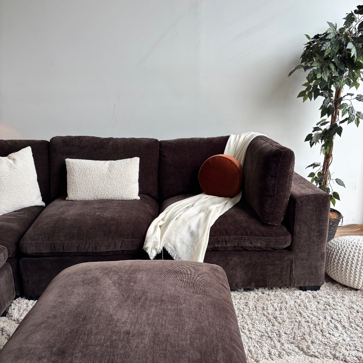 Lakeview Corner Sectional and Ottoman in Chocolate Brown Low Pile Velvet