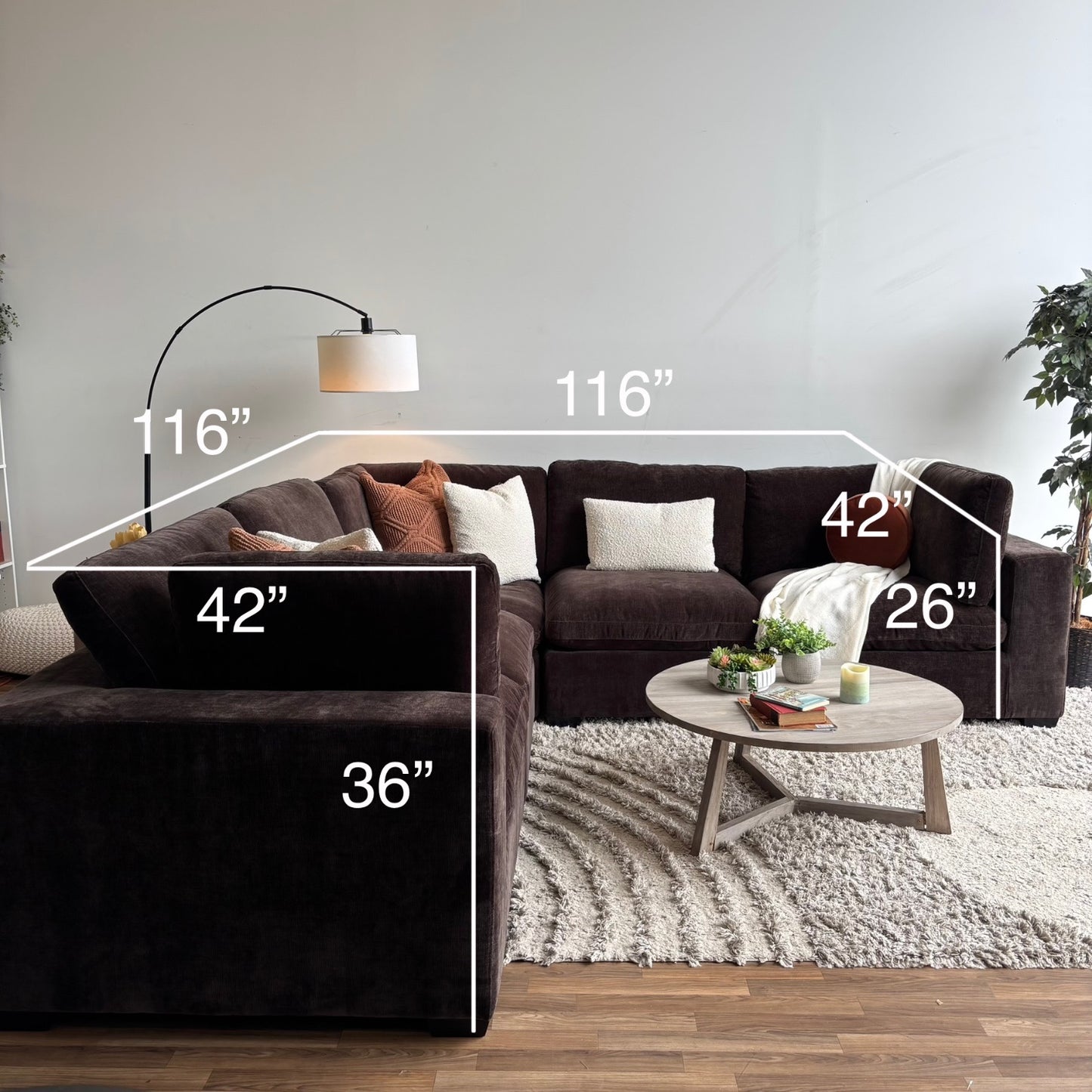 Lakeview Corner Sectional in Chocolate Brown Low Pile Velvet