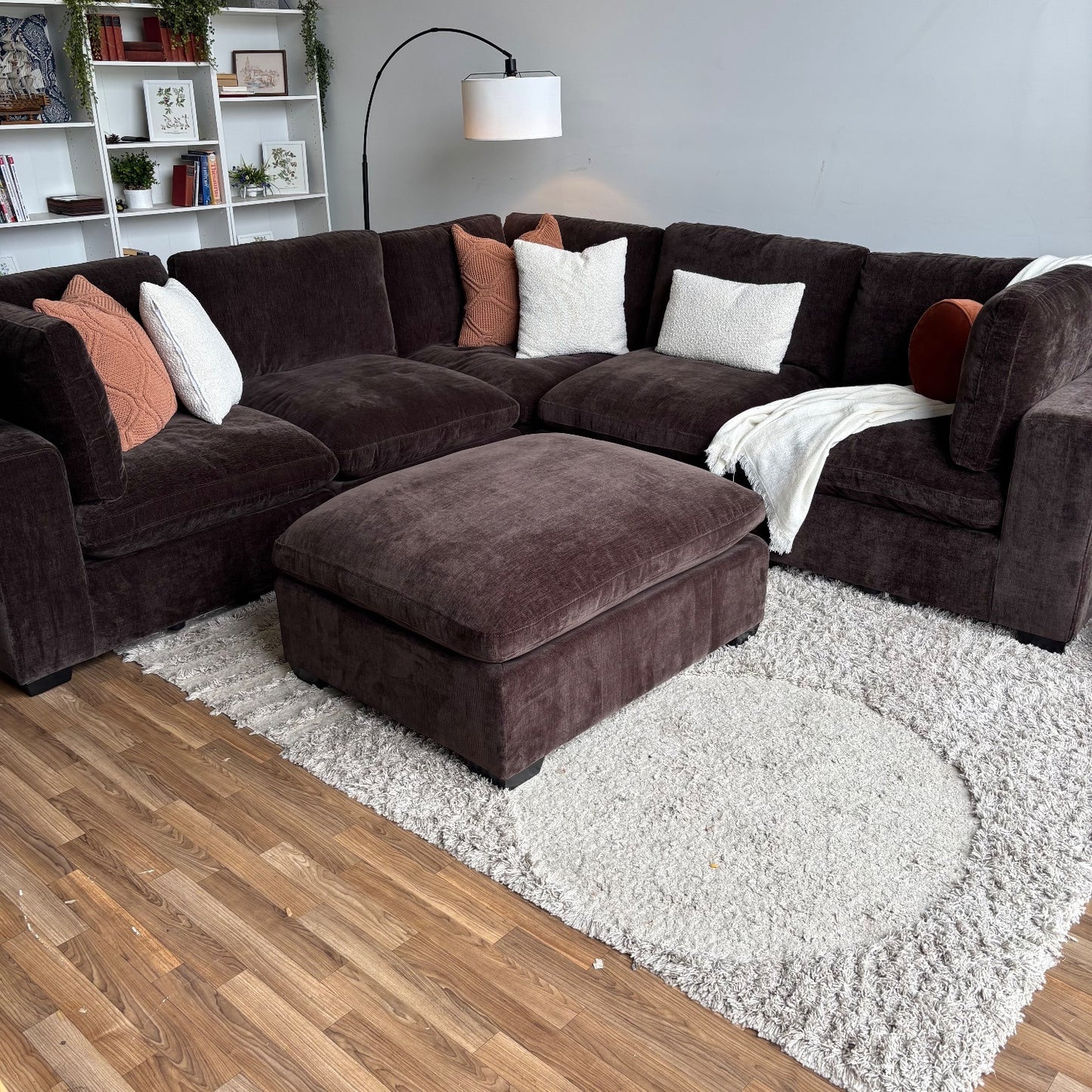 Lakeview Corner Sectional and Ottoman in Chocolate Brown Low Pile Velvet