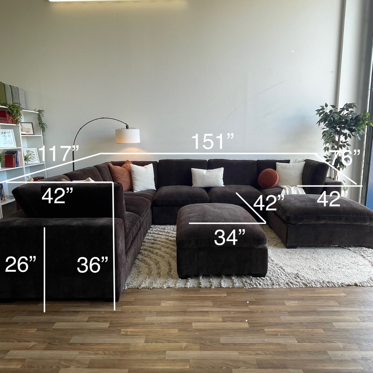 Lakeview Grand Corner + Ottoman in Chocolate Brown Low Pile Velvet