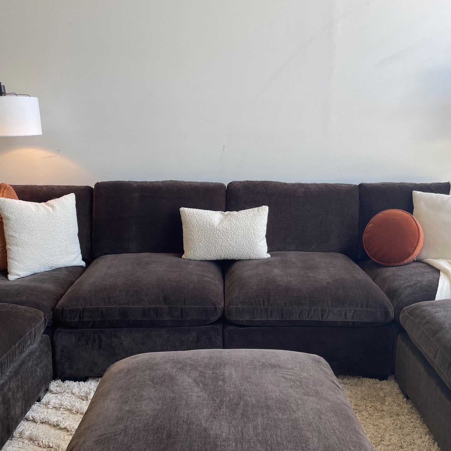 Lakeview Grand Corner + Ottoman in Chocolate Brown Low Pile Velvet