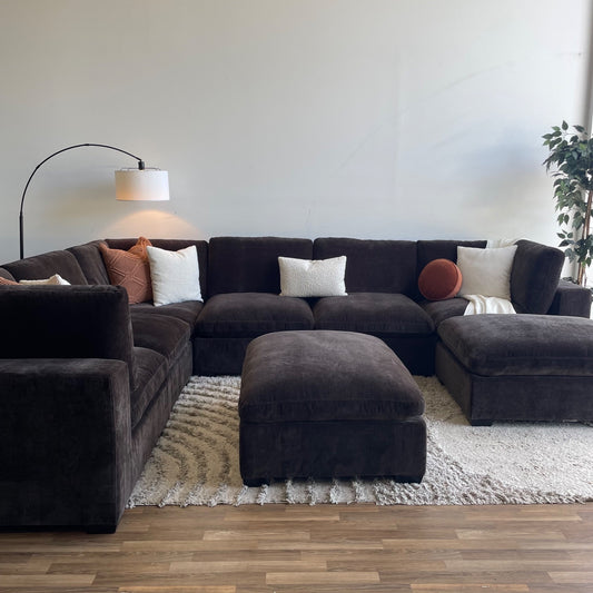 Lakeview Grand Corner + Ottoman in Chocolate Brown Low Pile Velvet