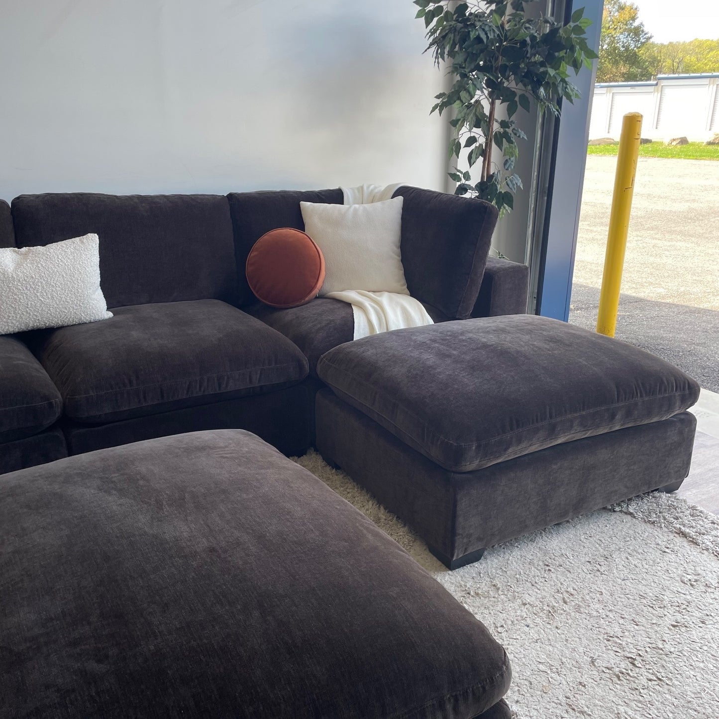 Lakeview Grand Corner + Ottoman in Chocolate Brown Low Pile Velvet