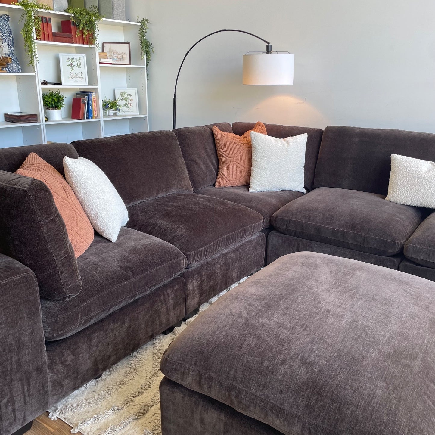 Lakeview Grand Corner + Ottoman in Chocolate Brown Low Pile Velvet