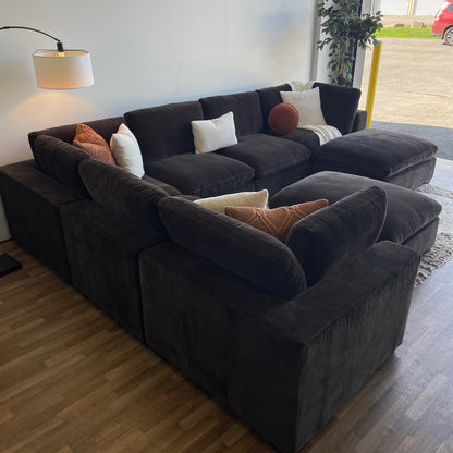 Lakeview Grand Corner + Ottoman in Chocolate Brown Low Pile Velvet