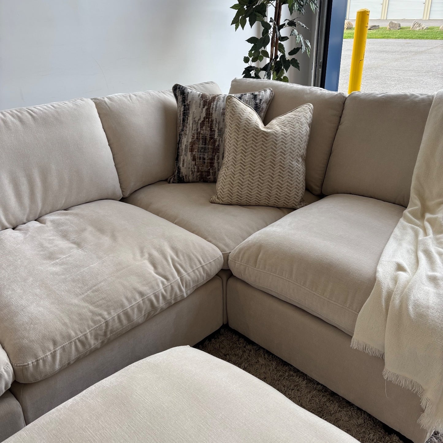 Lakeview L-Shape + Ottoman in Vanilla Low Pile Velvet