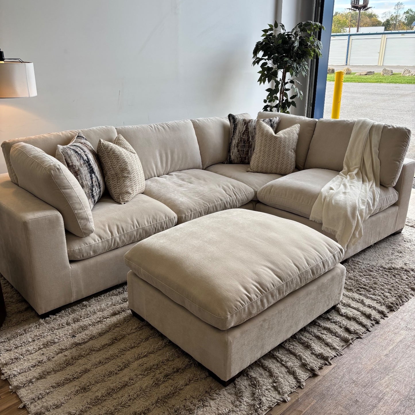 Lakeview L-Shape + Ottoman in Vanilla Low Pile Velvet