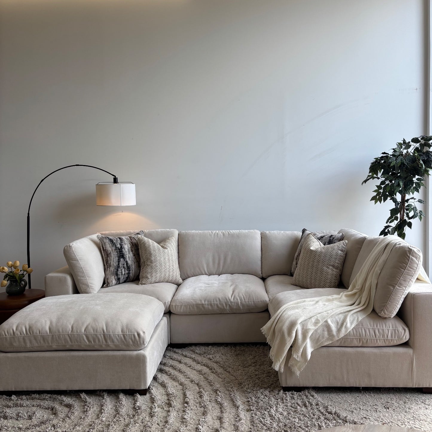 Lakeview L-Shape + Ottoman in Vanilla Low Pile Velvet