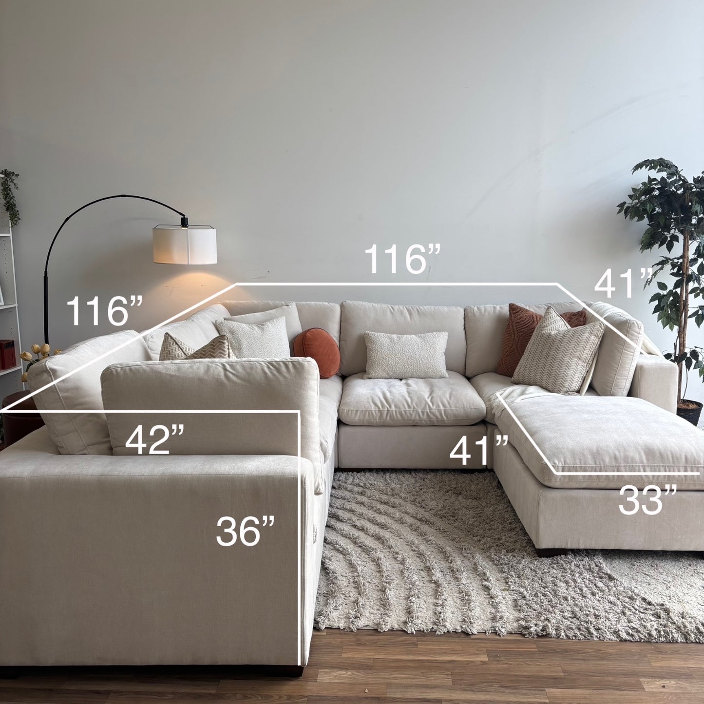 Lakeview Corner Sectional + Ottoman in Vanilla Low Pile Velvet