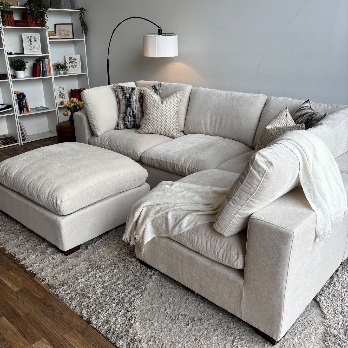 Lakeview L-Shape + Ottoman in Vanilla Low Pile Velvet