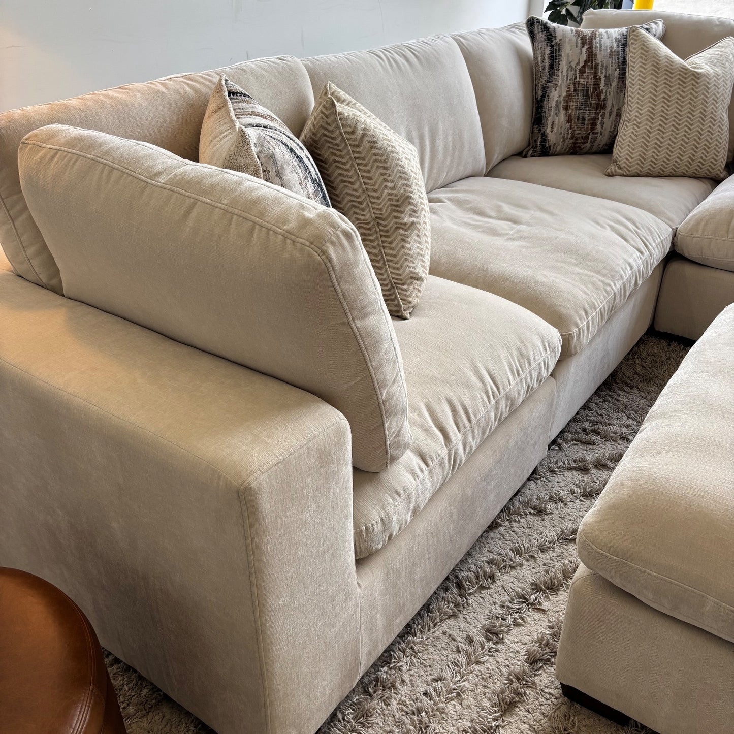 Lakeview L-Shape + Ottoman in Vanilla Low Pile Velvet