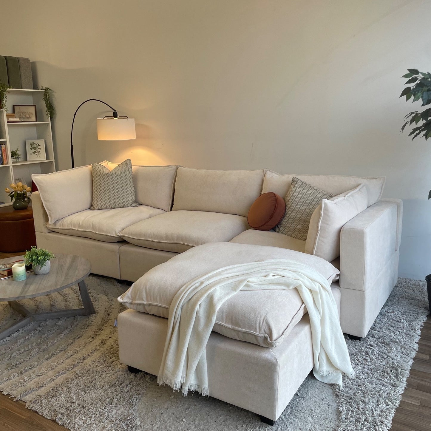 Bellamia Luna Sofa + Ottoman in Cream Performance Chenille