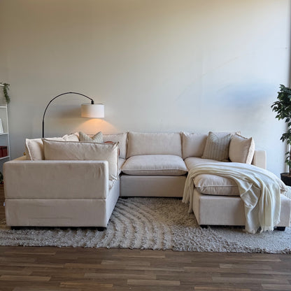 Bellamia Luna L-Shaped Enclosed + Ottoman in Cream Performance Chenille