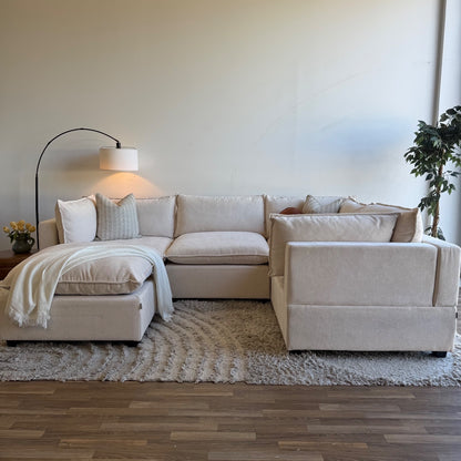 Bellamia Luna L-Shaped Enclosed + Ottoman in Cream Performance Chenille