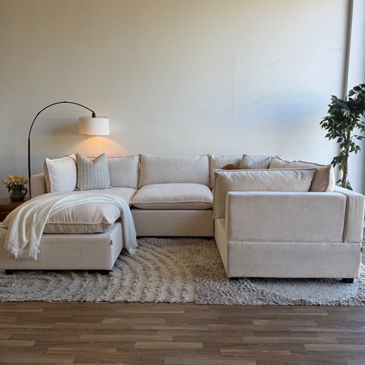 Bellamia Luna L-Shaped Enclosed + Ottoman in Cream Performance Chenille