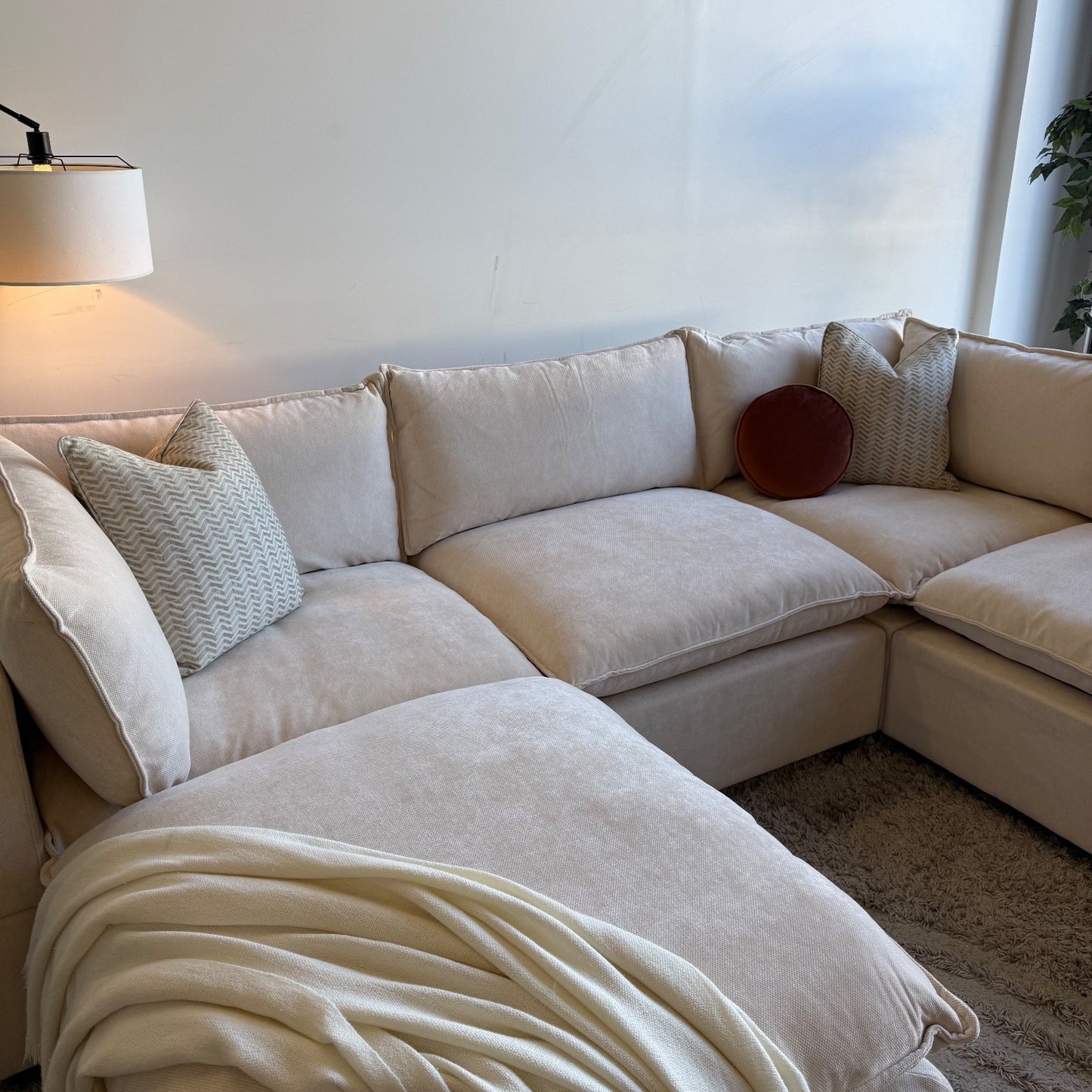 Bellamia Luna L-Shape + Ottoman in Cream Performance Chenille