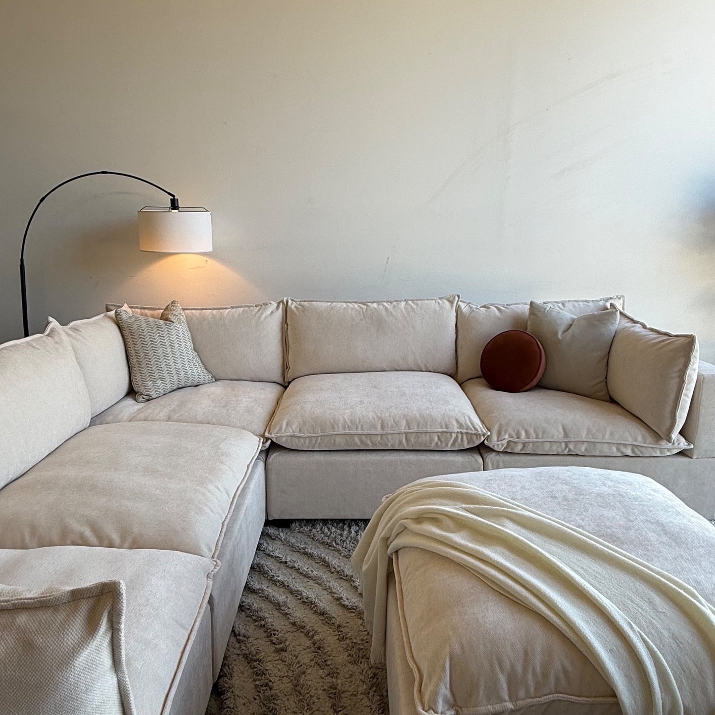 Bellamia Luna Corner Sectional + Ottoman in Cream Performance Chenille