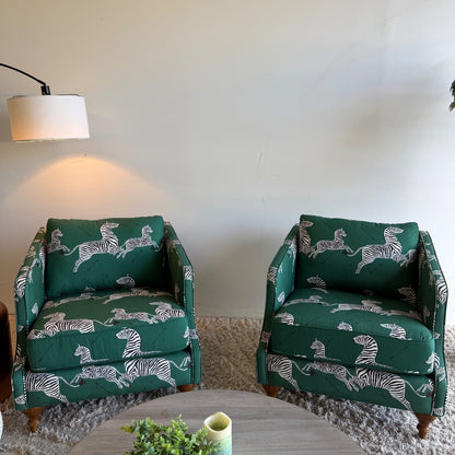 The Inside Pair of Slope Arm Chairs in Emerald Zebra