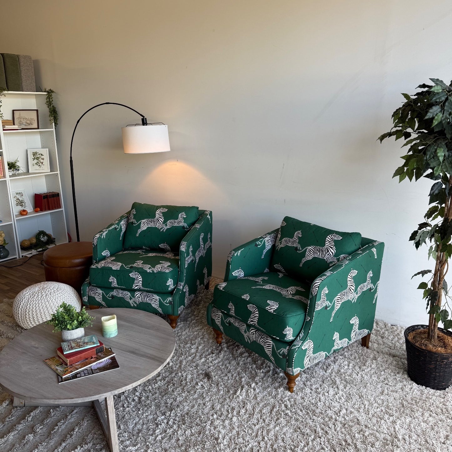 The Inside Pair of Slope Arm Chairs in Emerald Zebra