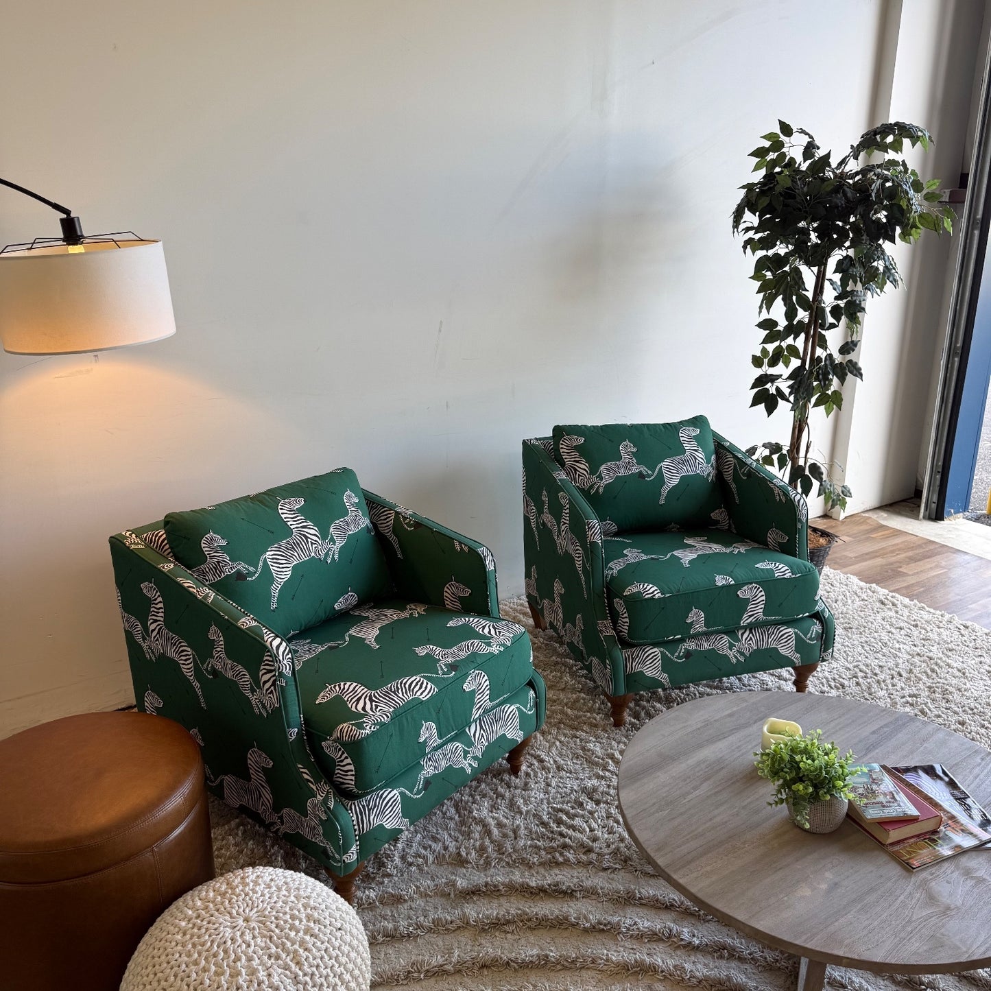 The Inside Pair of Slope Arm Chairs in Emerald Zebra