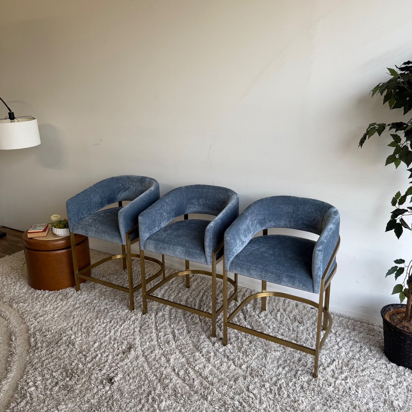 Interior Define Mina Metal Framed Stool in Blue Performance Vintage Velvet